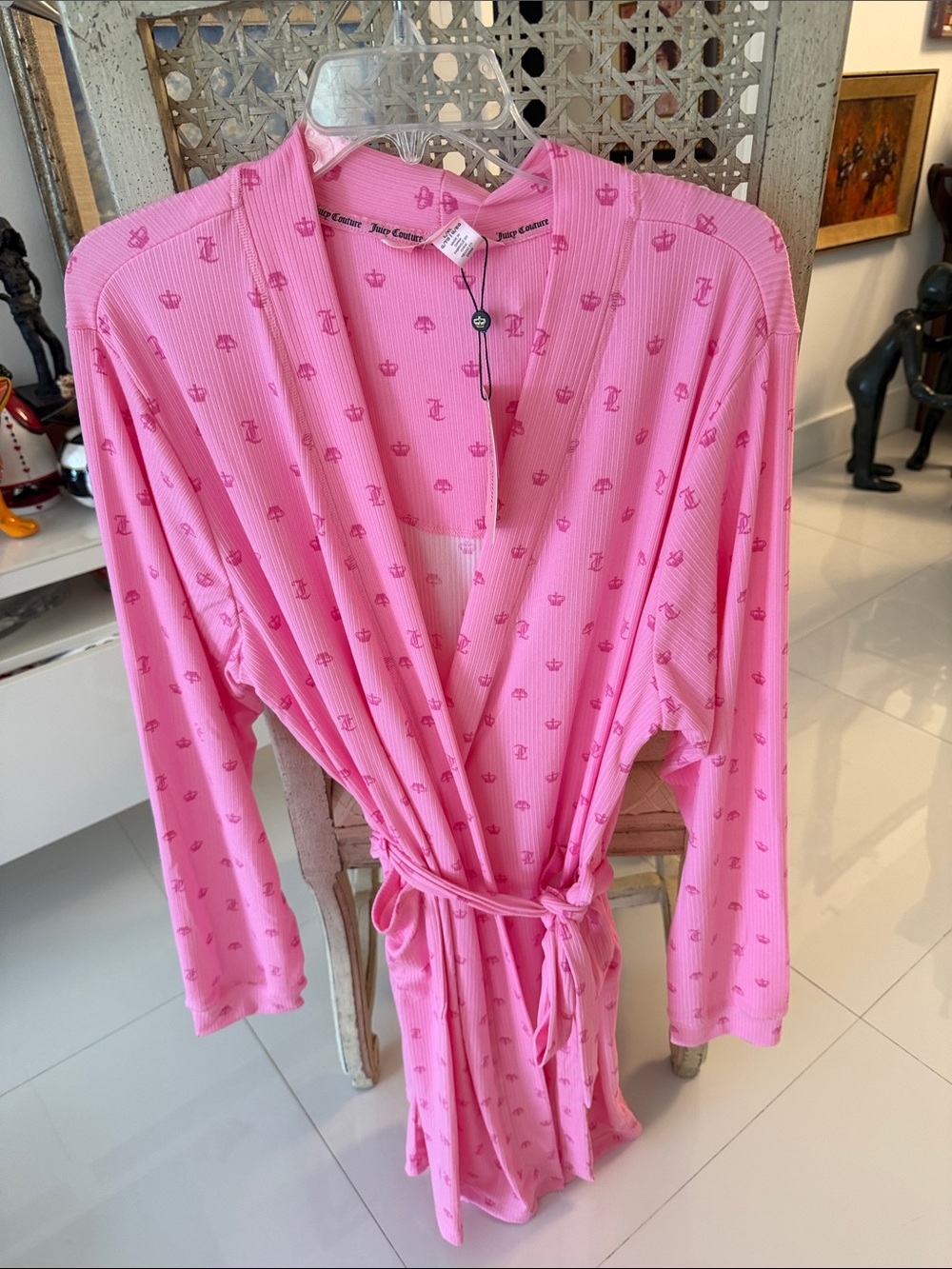 Juicy Couture Pink JC Logo & Crown Print Ribbed Lightweight Bathrobe